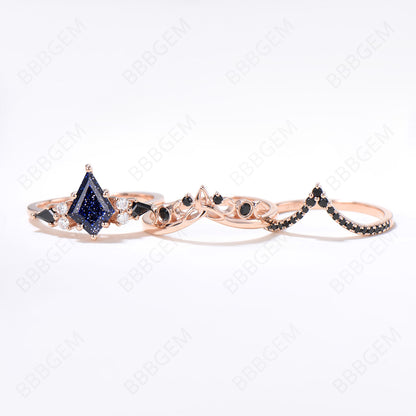 3pcs Kite Galaxy Blue Sandstone Engagement Ring 14k Rose Gold Ring Set Unique Celtic Knot Black Diamond Bridal Set Black Wedding Ring Set