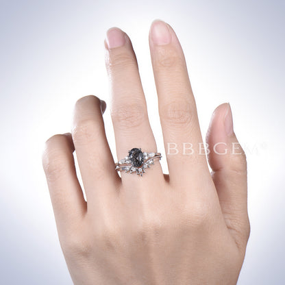 Oval Black Rutilated Quartz Engagement Ring White Gold Moissanite Bridal Set