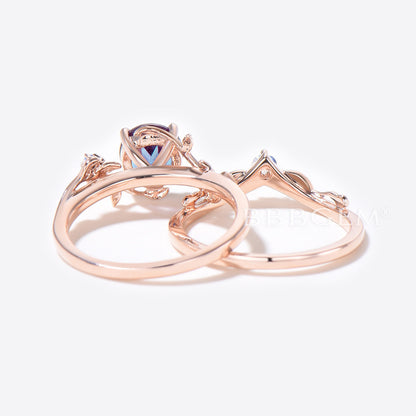 Rose Gold Leaf Round Alexandrite Engagement Ring Set Branch Vine Moonstone Bridal Set