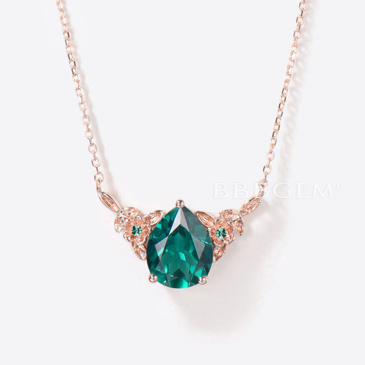 Floral Wedding Necklace Pear Shaped Green Emerald Pendant