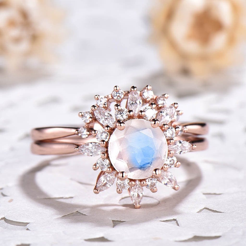 female moonstone engagement ring set