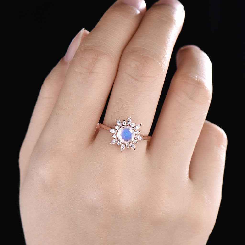 14K18K Floral Round Moonstone And Moissanite Diamond Engagement Ring Unique Rose Gold Sun Shape Ring (5)