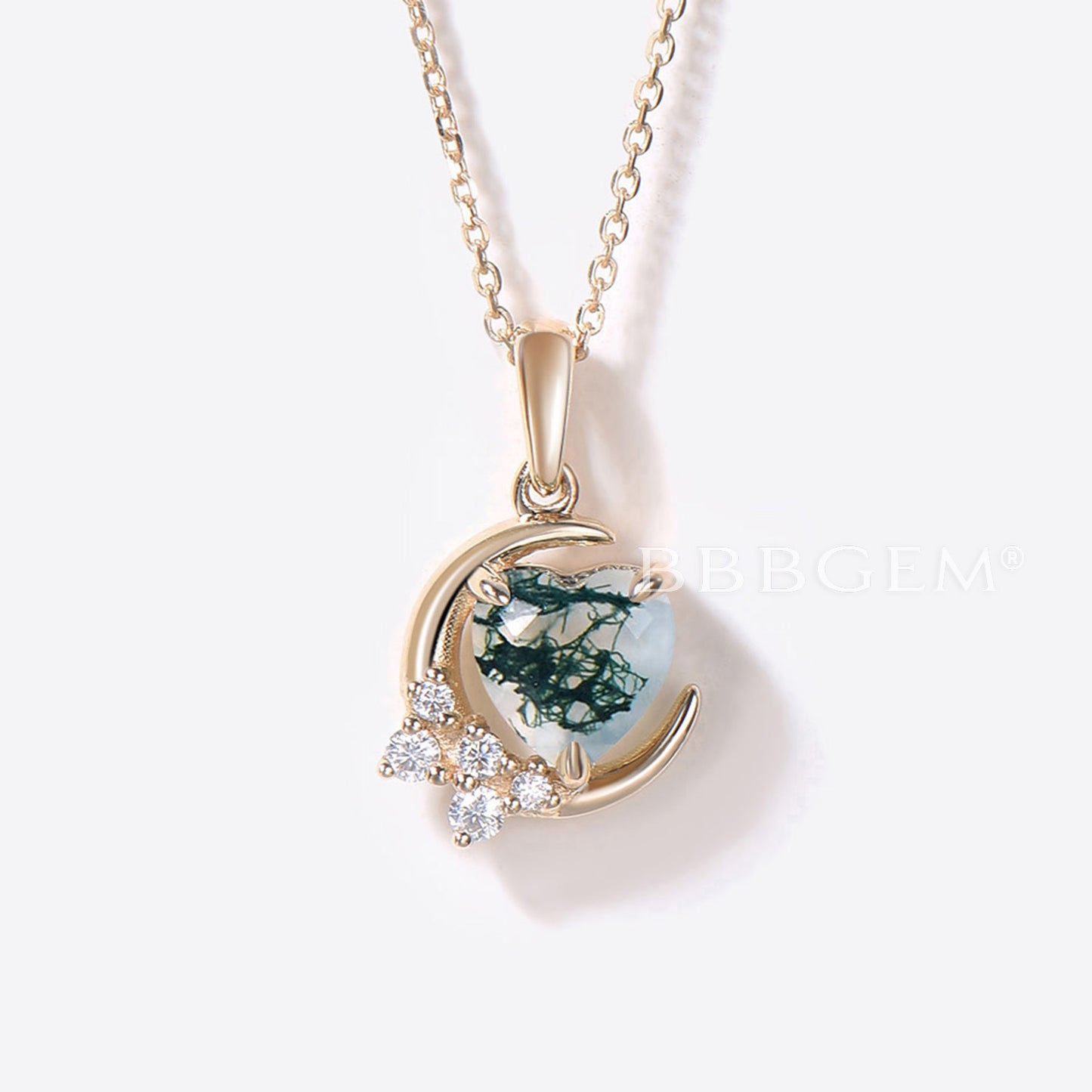 14k Gold Crescent Moon Necklace Heart Shaped Moss Agate Pendant