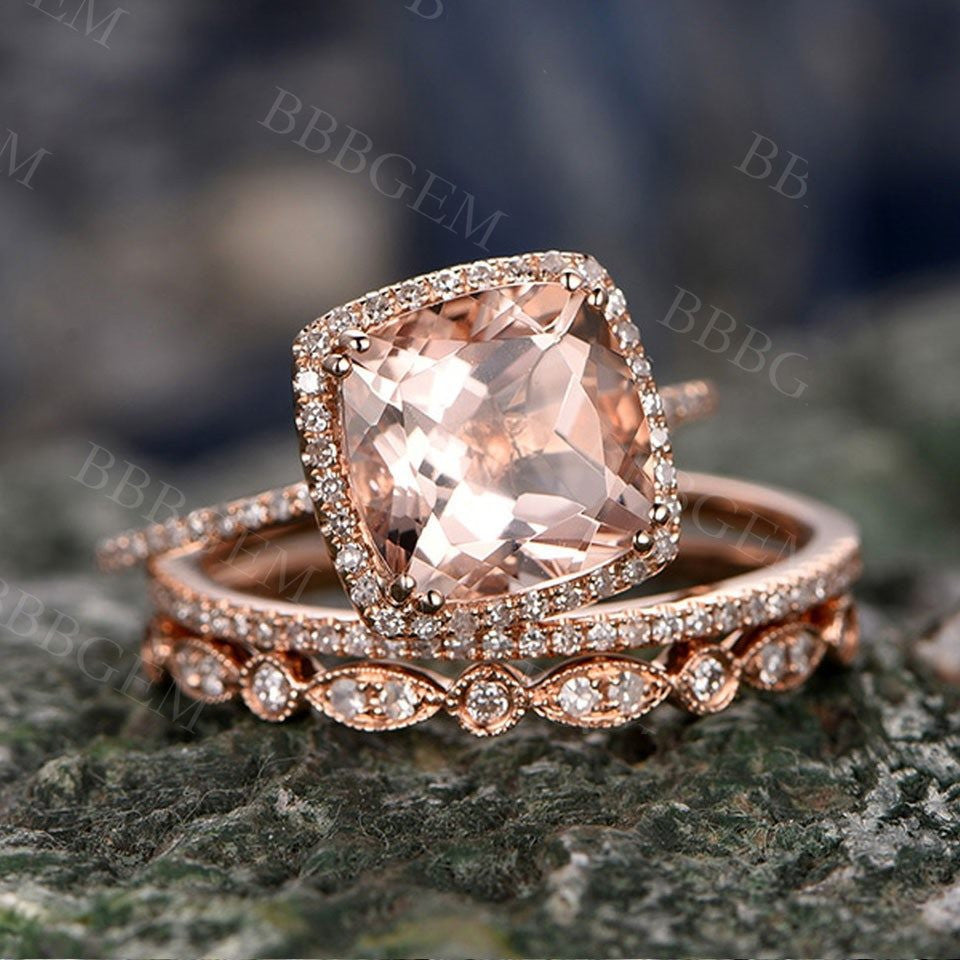 Rose Gold Morganite Engagement Rings-BBBGEM 3 Carat Morganite Engagement Rings Set