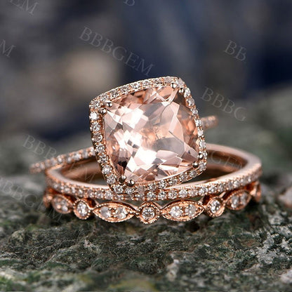 Rose Gold Morganite Engagement Rings-BBBGEM 3 Carat Morganite Engagement Rings Set