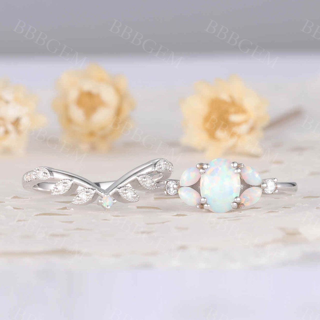 Oval shaped opal ring set white gold diamond matching band bridal set for women