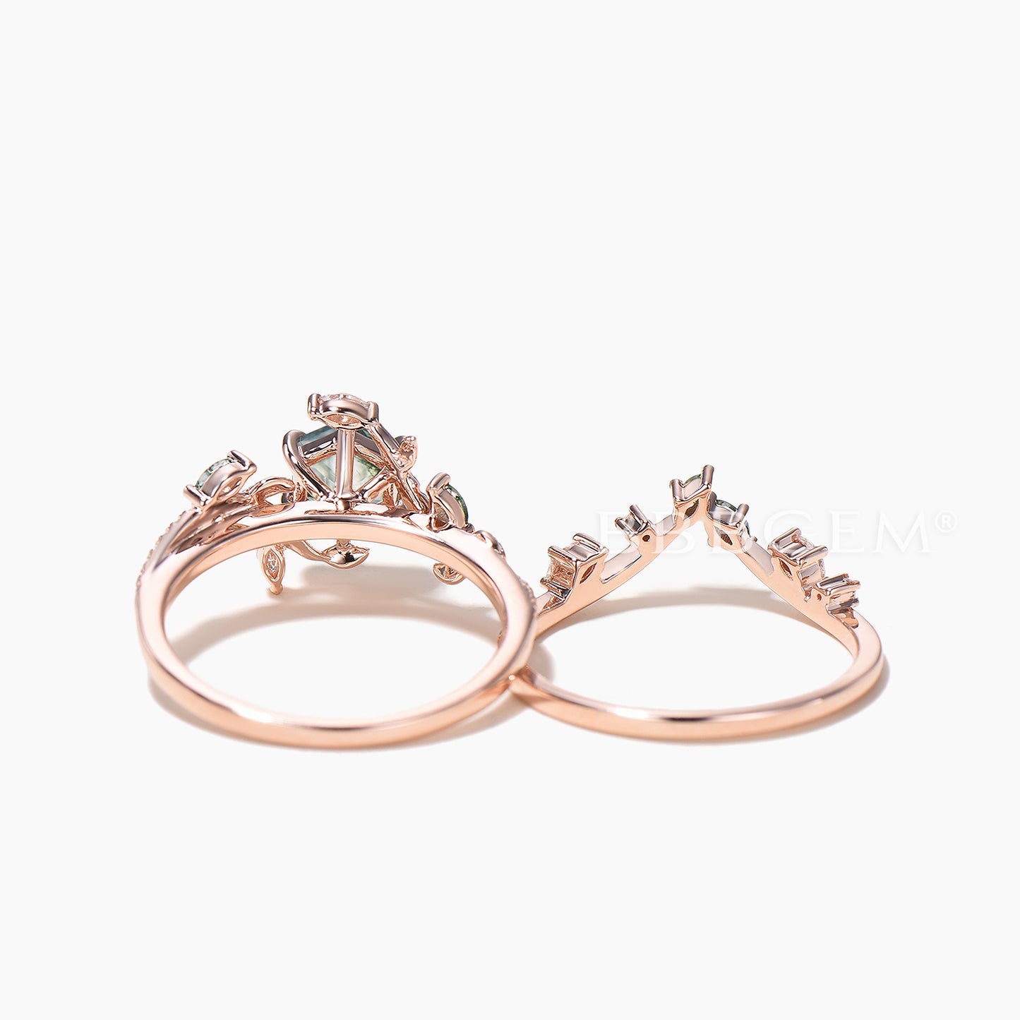 Hexagon Cut Moss Agate Wedding Ring Diamond Accent Nature Inspired Ring Set