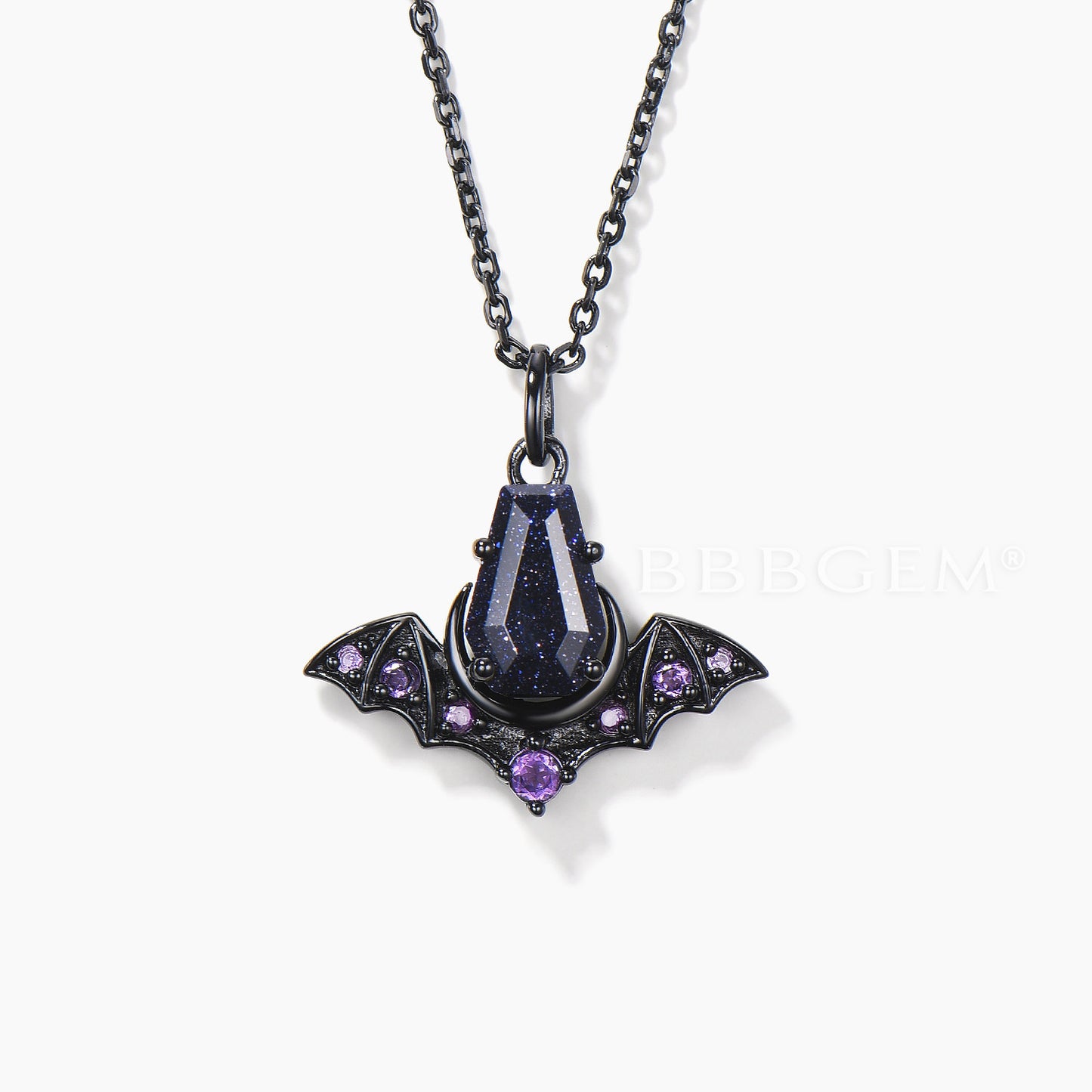 Coffin Cut Blue Sandstone Bat Wedding Necklace Amethyst Gothic Pendant