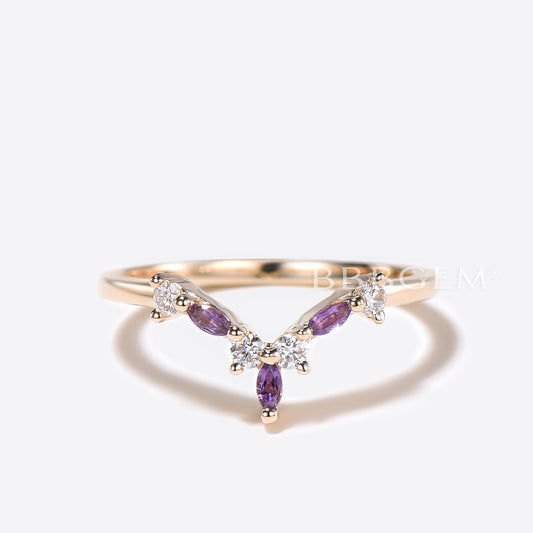 14k Gold Diamond Amethyst Wedding Band 7 Stone Curved Matching Band