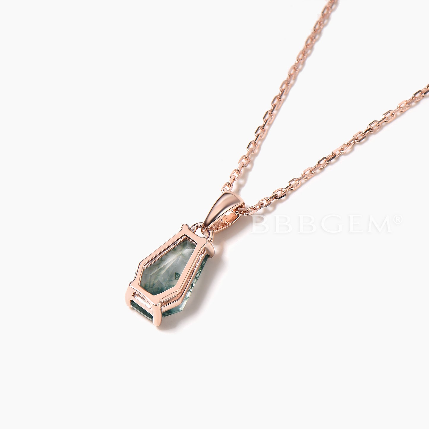 1CT Coffin Cut Natural Moss Agate Necklace Rose Gold Solitaire Pendant