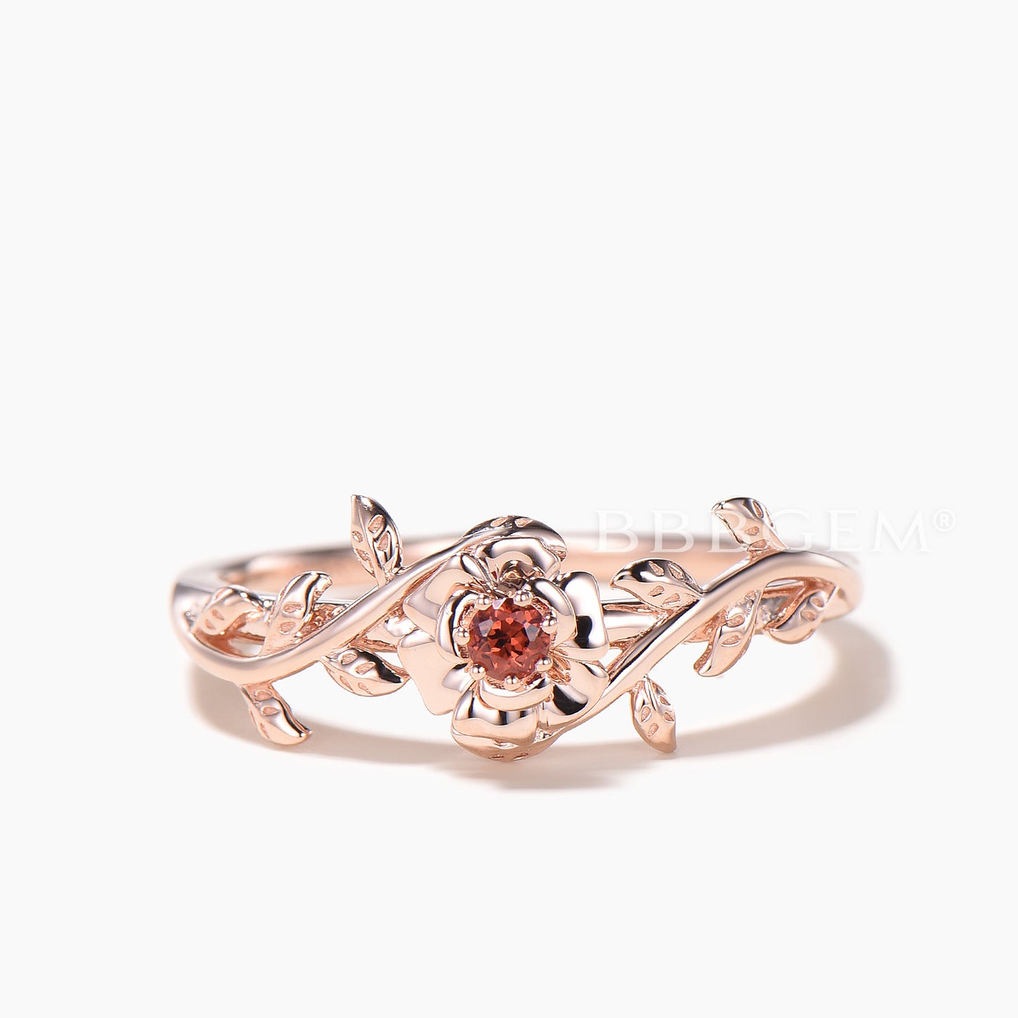 Round Cut Natural Garnet Floral Engagement Ring Natural Inspired Solitaire Ring