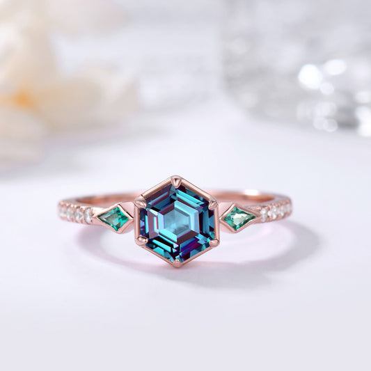 Hexagon Cut Alexandrite Engagement Ring, With Kite Cut & Half Eternity Diamond Band