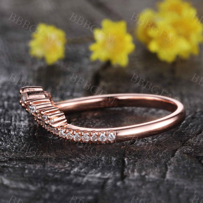 Rose Gold Diamond Curved Wedding Band Art Deco V Shaped Stacking Ring Chevron Crown Wedding Ring