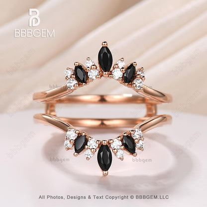 14k Gold Coffin Engagement Ring Set With Black Spinel Aug Birthstone and Diamond Stacking Enhancer Band