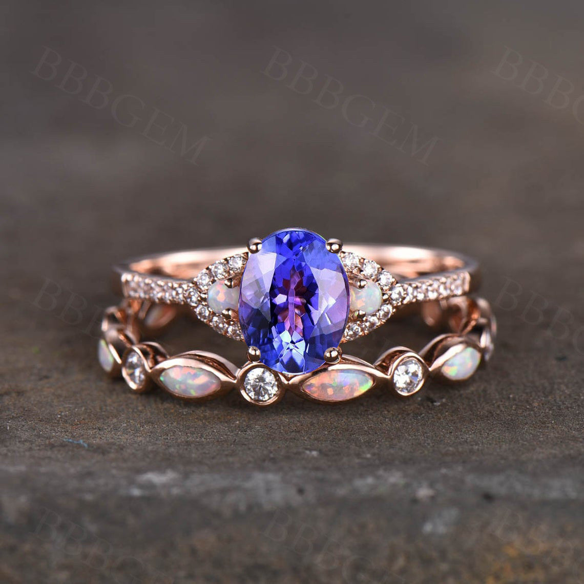 Wedding Ring Set Tanzanite engagement ring set art deco opal matching band