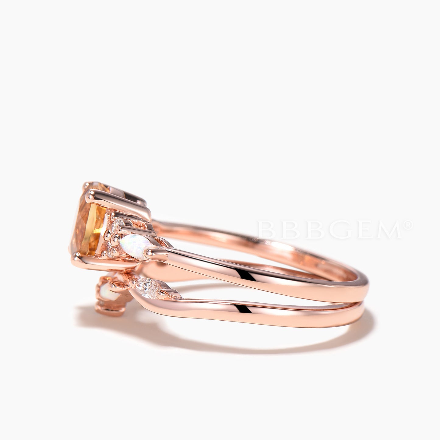 1.2CT Round Cut Natural Citrine Wedding Ring Set Opal Diamond Curved Band