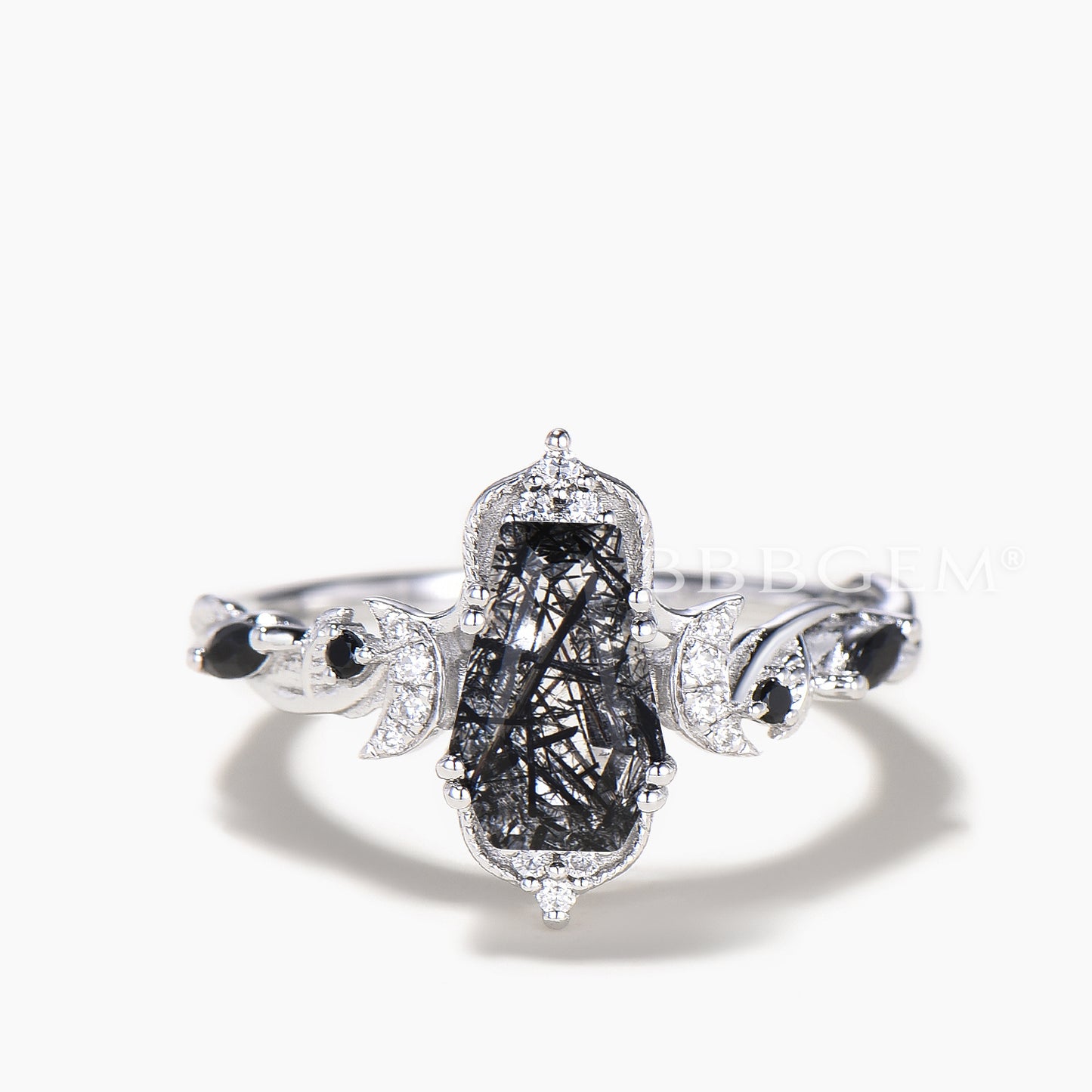 Coffin Cut Black Rutilated Quartz Wedding Ring Diamond Moon Spinel Art Deco Ring