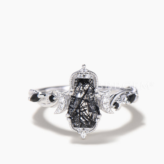 Coffin Cut Black Rutilated Quartz Wedding Ring Diamond Moon Spinel Art Deco Ring