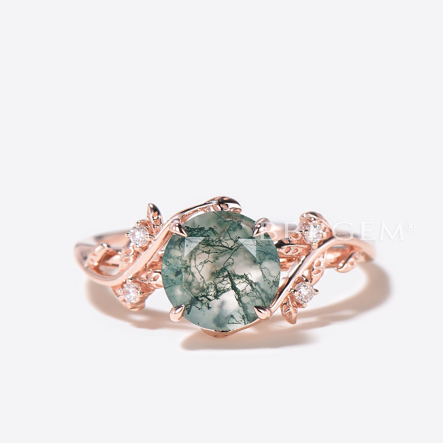 Twig Leaf Moss Agate Engagement Ring Diamond Nature Inspired Wedding Ring