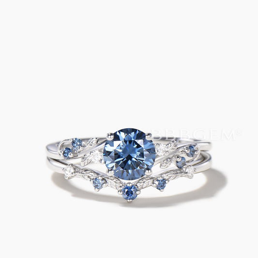 1CT Round Cut Blue Moissanite Leaf Engagement Ring Moissanite Leaf Bridal Set