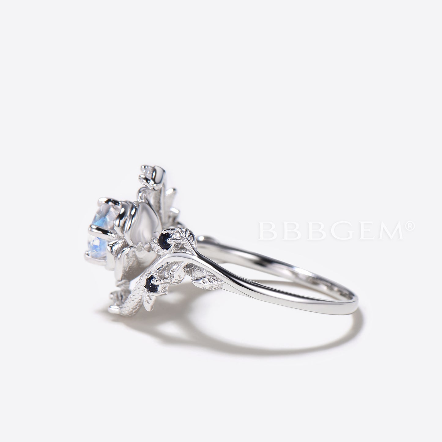 Floral Natural Moonstone Engagement Ring Double Snake Diamond Ring