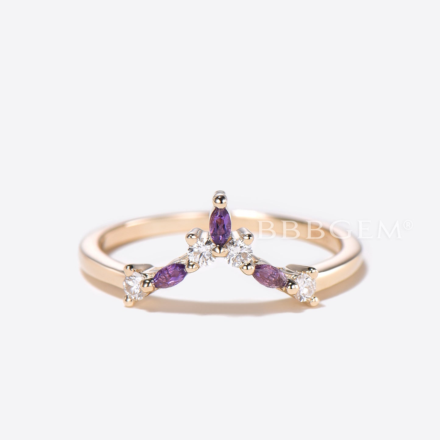 14k Gold Moissanite Amethyst Wedding Band 7 Stone Curved Matching Band