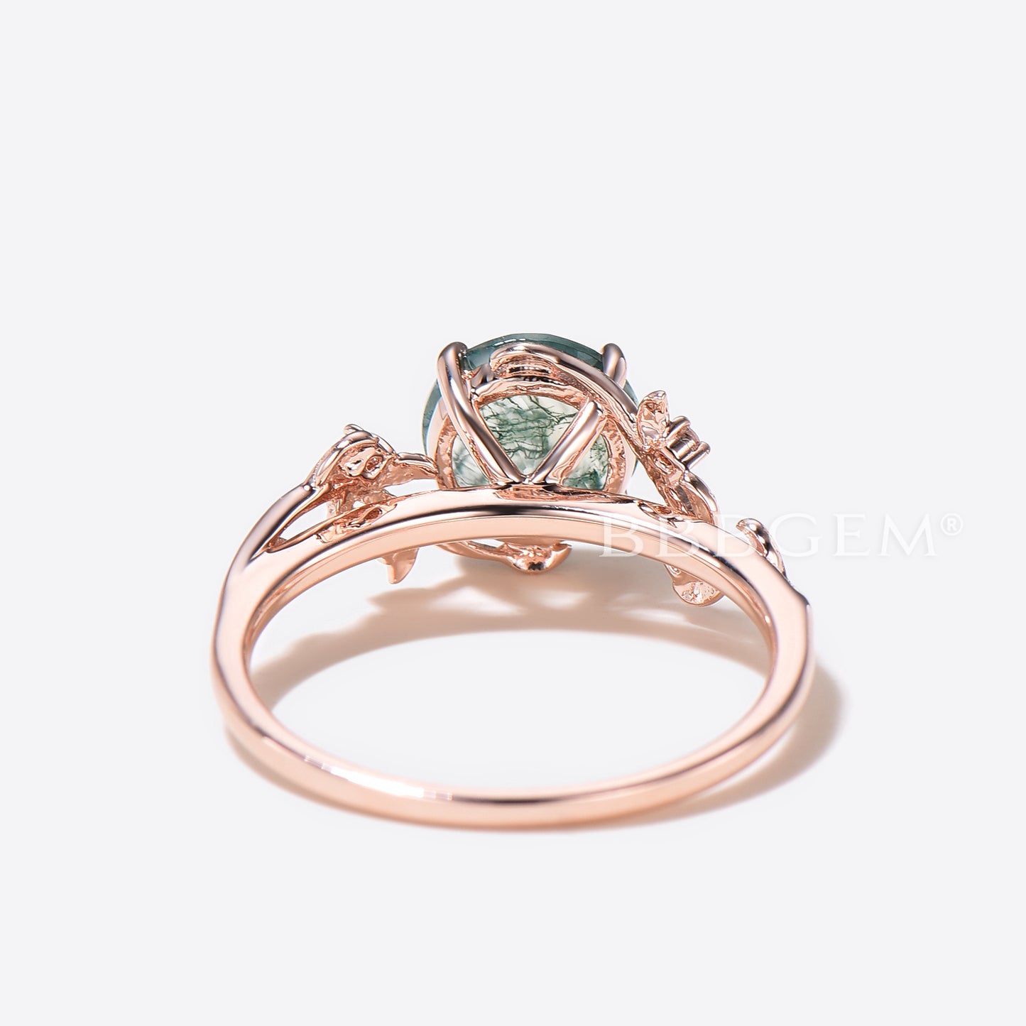 Twig Leaf Moss Agate Engagement Ring Diamond Nature Inspired Wedding Ring