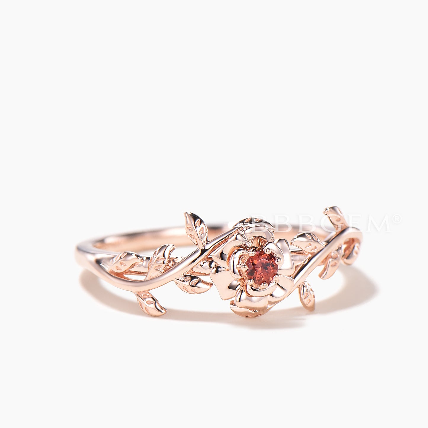 Round Cut Natural Garnet Floral Engagement Ring Natural Inspired Solitaire Ring