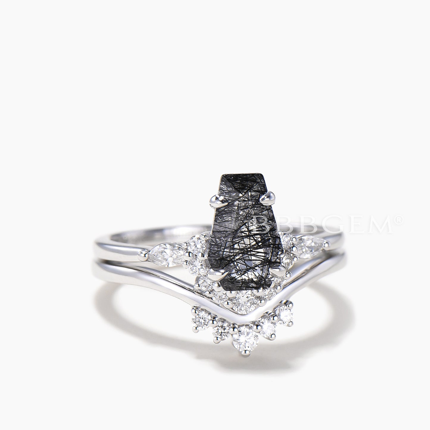 Coffin Natural Black Rutilated Quartz Wedding Ring Diamond Curved Band Ring Set
