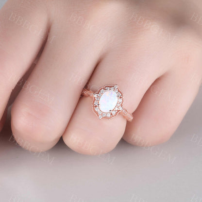 Opal Ring Vintage Opal Engagement Ring Rose Gold Art Deco Ring Women Diamond Eternity Band