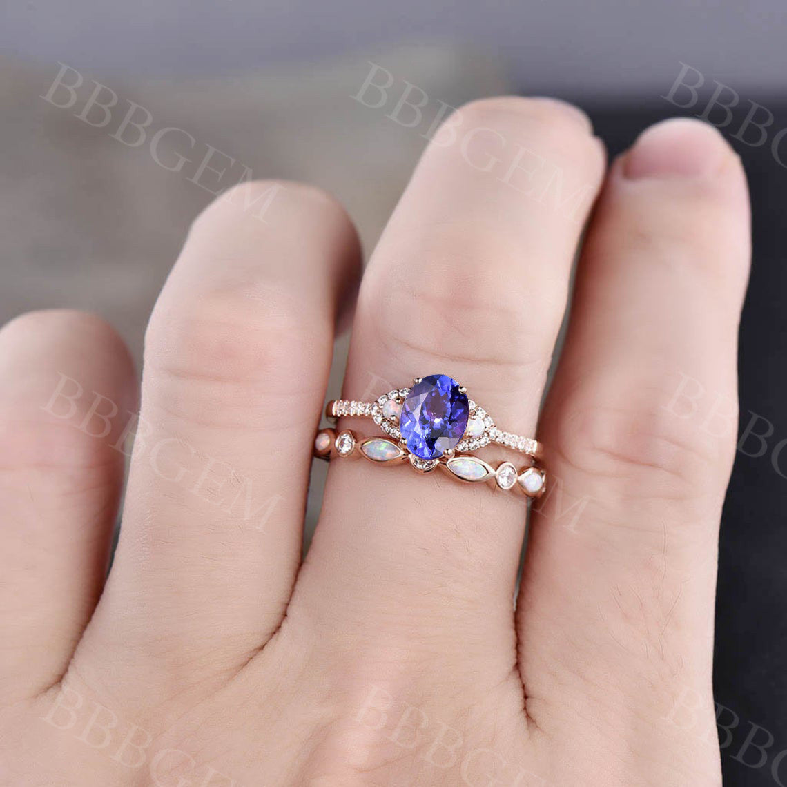 Wedding Ring Set Tanzanite engagement ring set art deco opal matching band