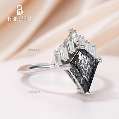 Geometric Knife-Edge Kite Black Rutialated Quartz Engagement Ring White Gold Black Tourmaline Baguette Marquise Moissanite Promise Ring