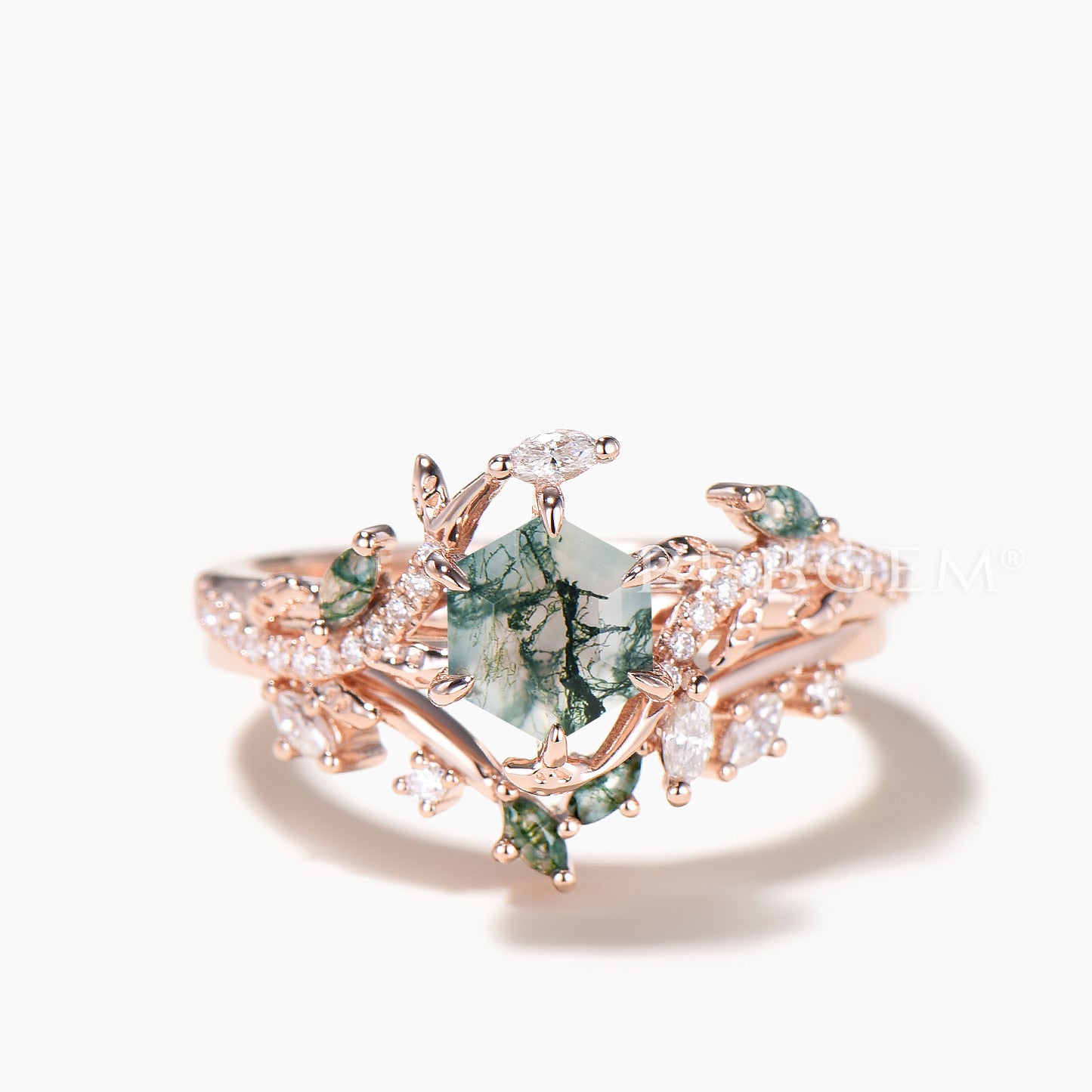 Hexagon Cut Moss Agate Wedding Ring Diamond Accent Nature Inspired Ring Set