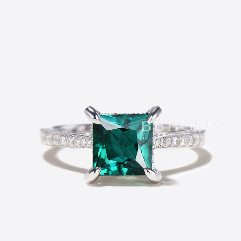 Princess Cut 7mm Lab Emerald Diamond Engagement Ring Tapered Band Filigree Catherdral Ring