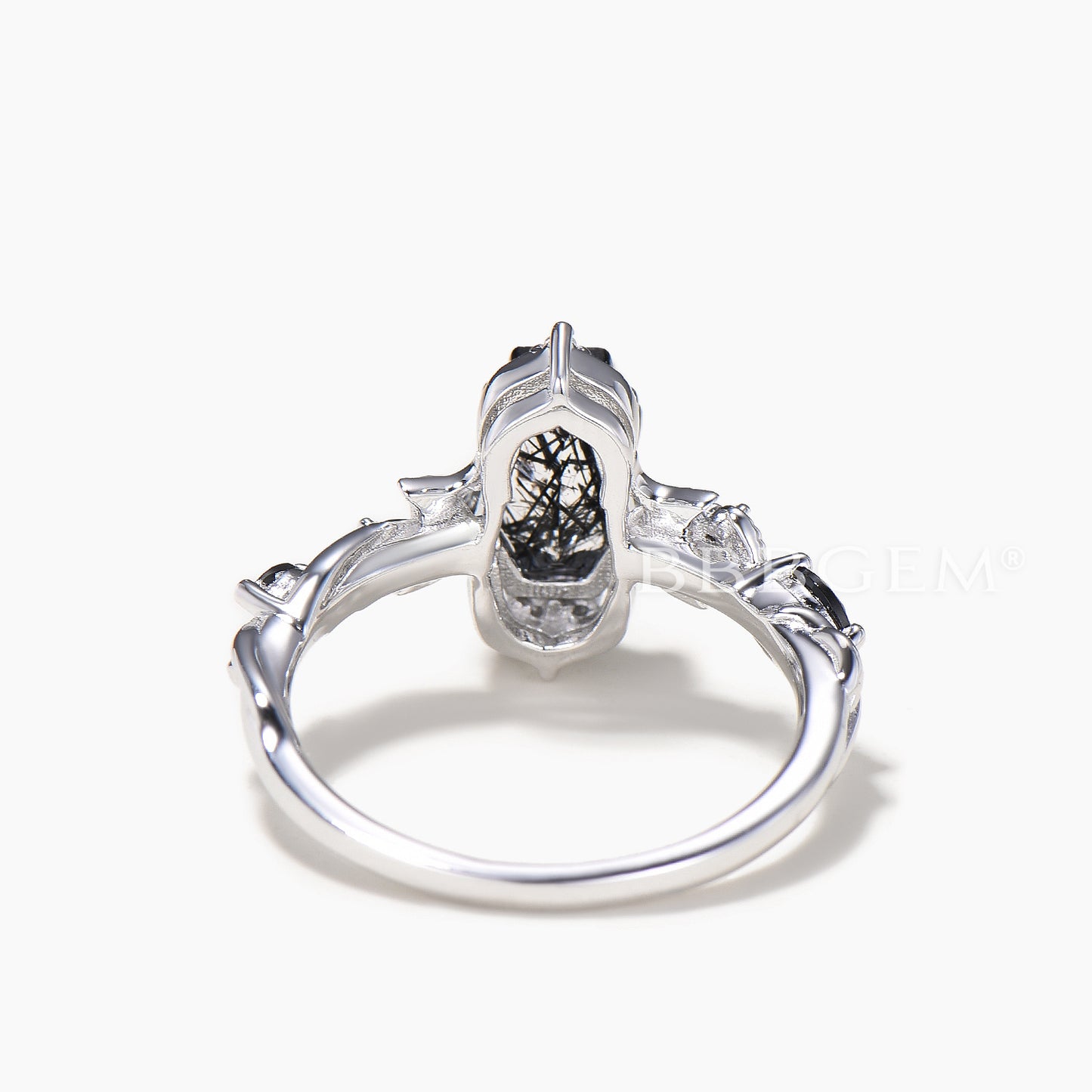 Coffin Cut Black Rutilated Quartz Wedding Ring Diamond Moon Spinel Art Deco Ring