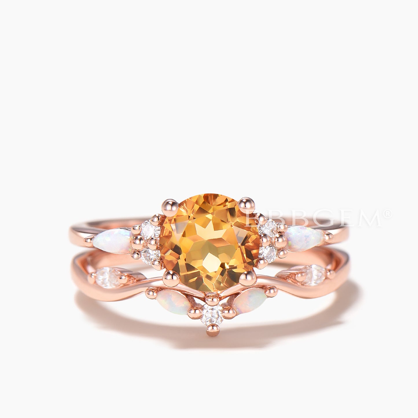 1.2CT Round Cut Natural Citrine Wedding Ring Set Opal Diamond Curved Band