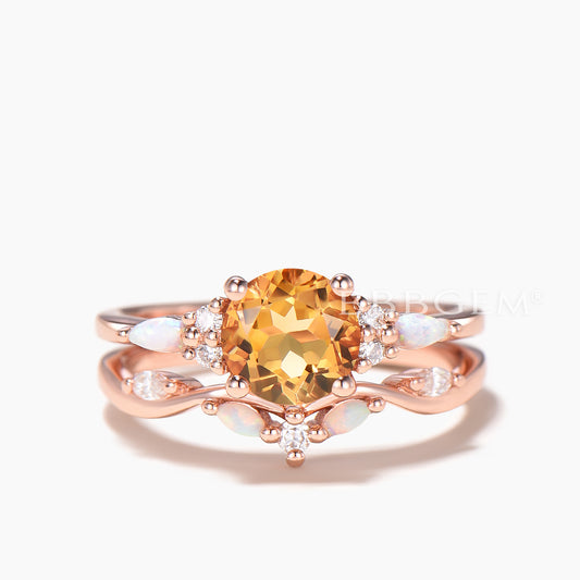 1.2CT Round Cut Natural Citrine Wedding Ring Set Opal Diamond Curved Band