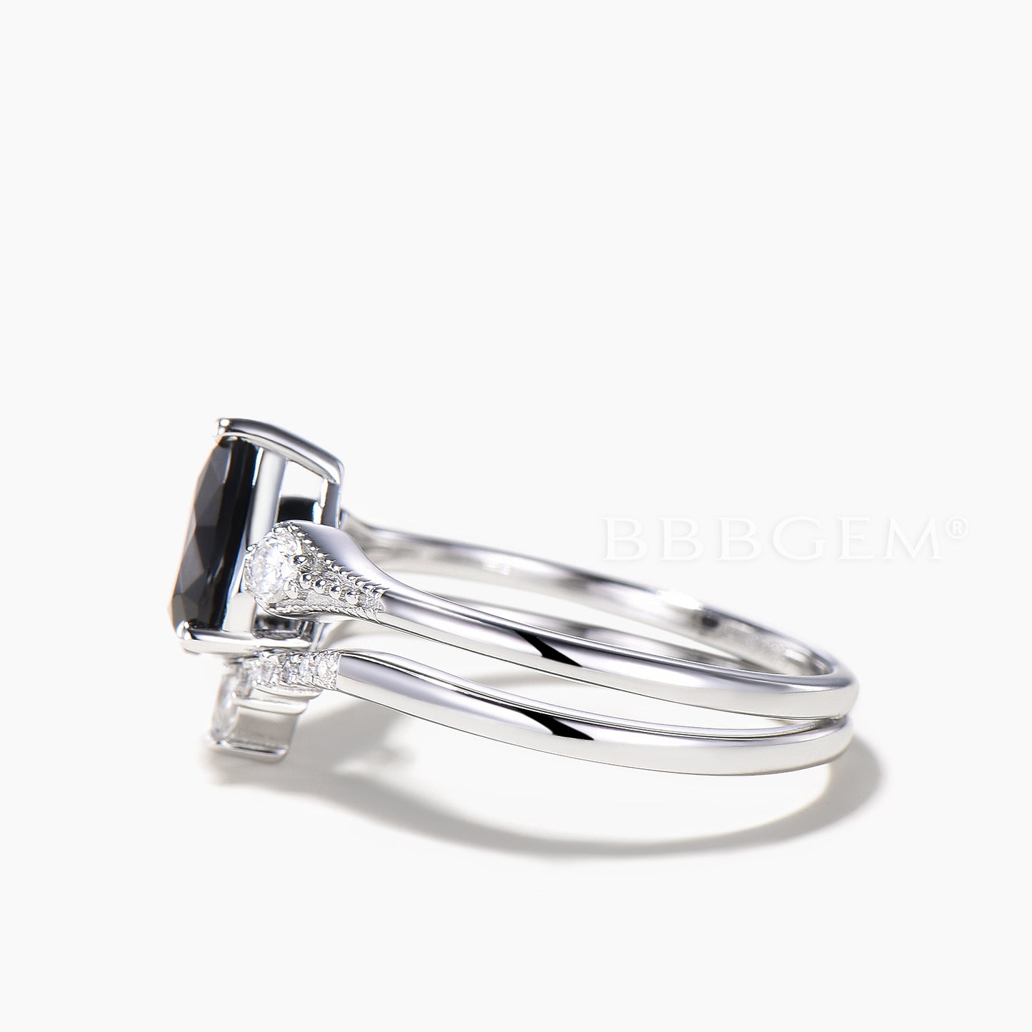 Teardrop Cut Natural Black Onyx Engagement Ring Moissanite Curved Bridal Set