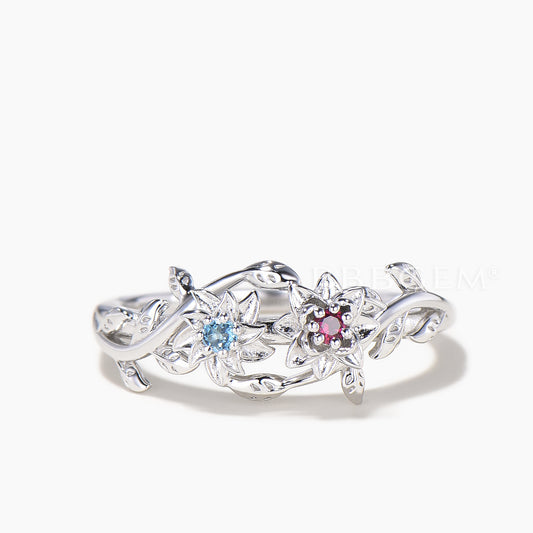 Round Cut Ruby Blue Topaz Floral Engagement Ring White Gold Toi et Moi Ring