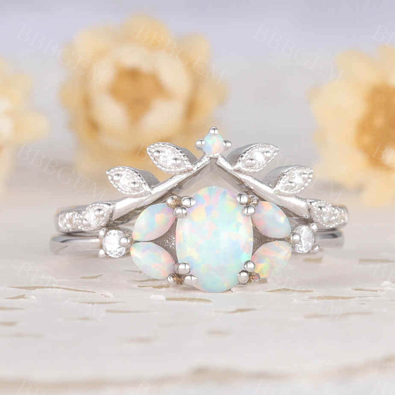 Oval shaped opal ring set white gold diamond matching band bridal set for women