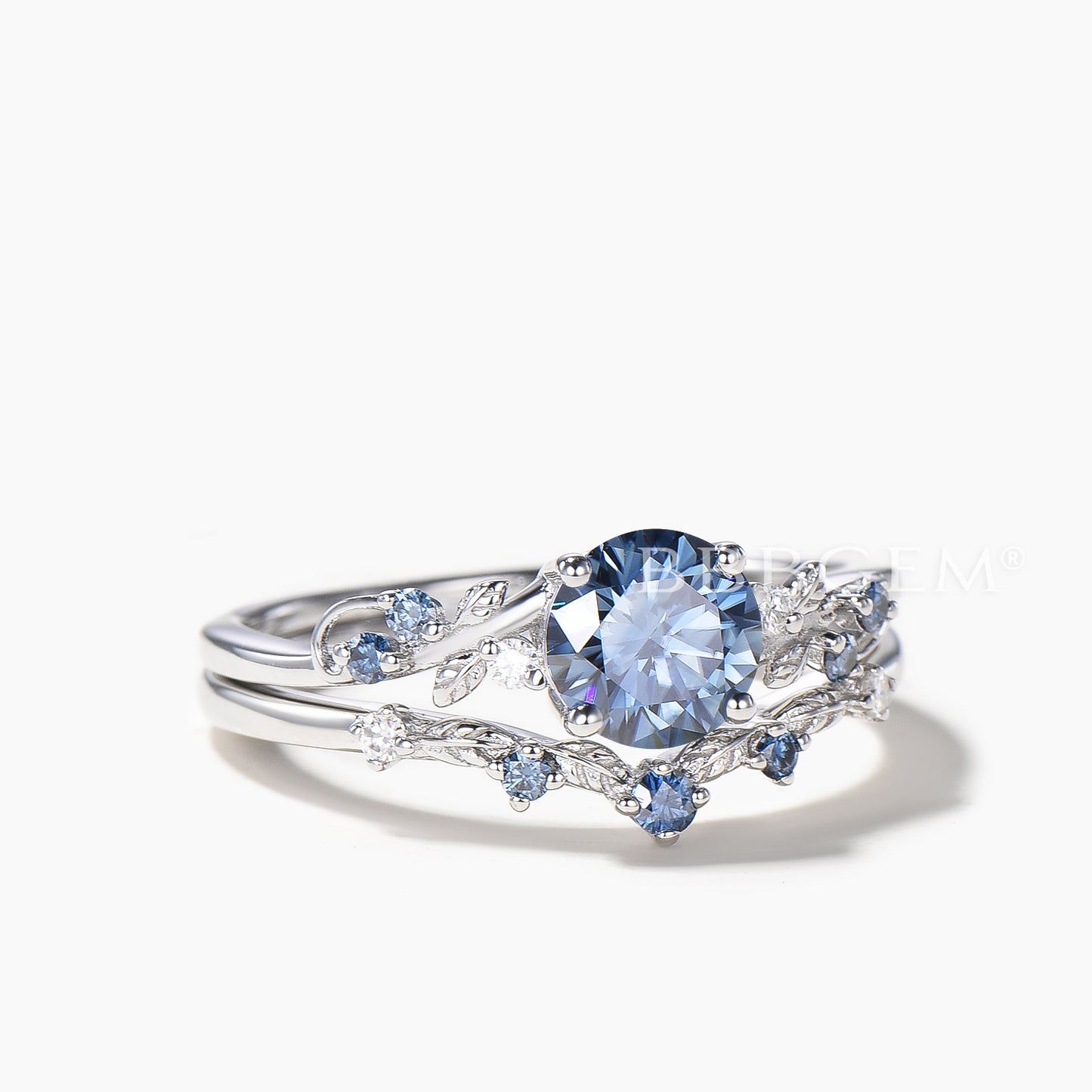 1CT Round Cut Blue Moissanite Leaf Engagement Ring Moissanite Leaf Bridal Set