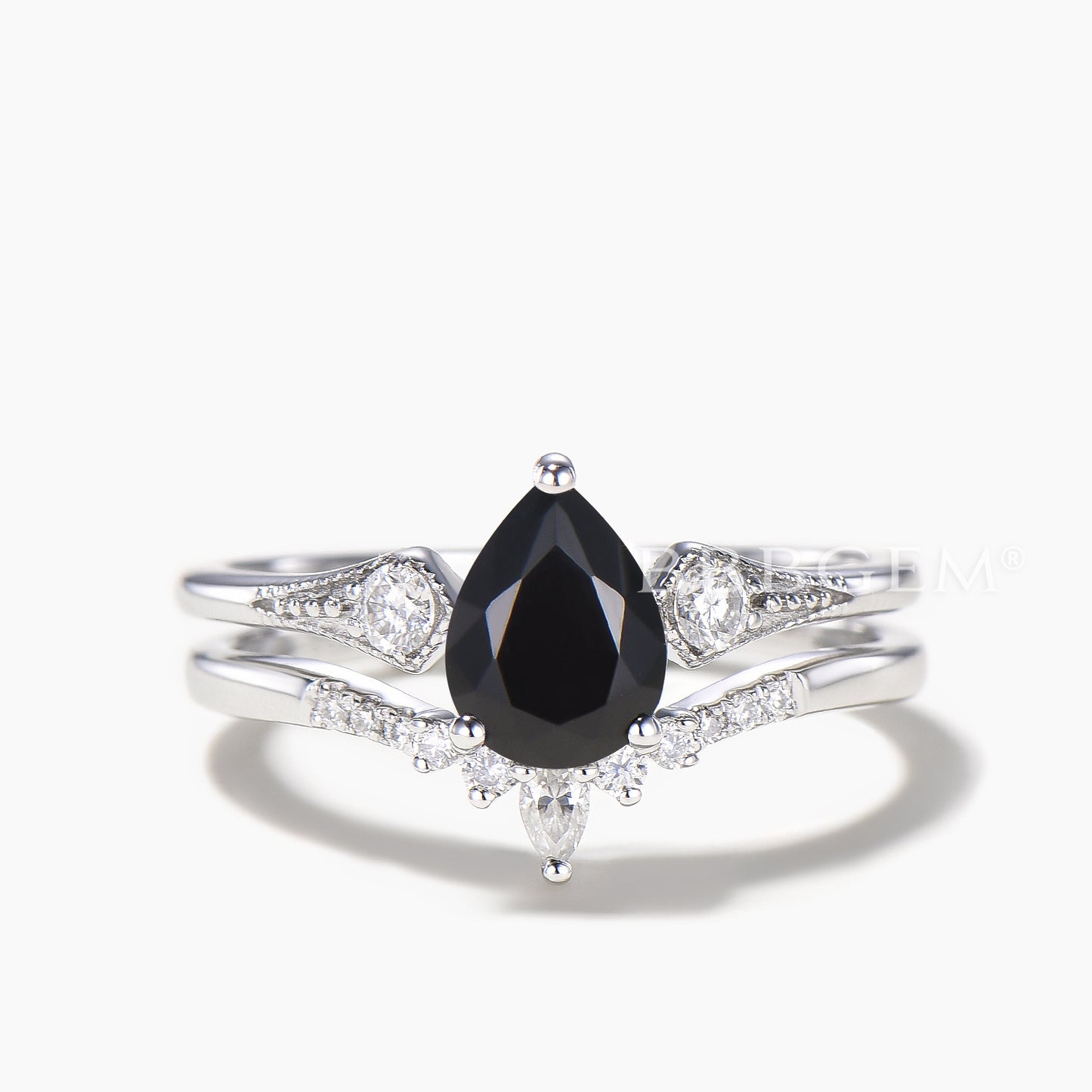 Teardrop Cut Natural Black Onyx Engagement Ring Moissanite Curved Bridal Set