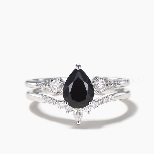 Teardrop Cut Natural Black Onyx Engagement Ring Moissanite Curved Bridal Set