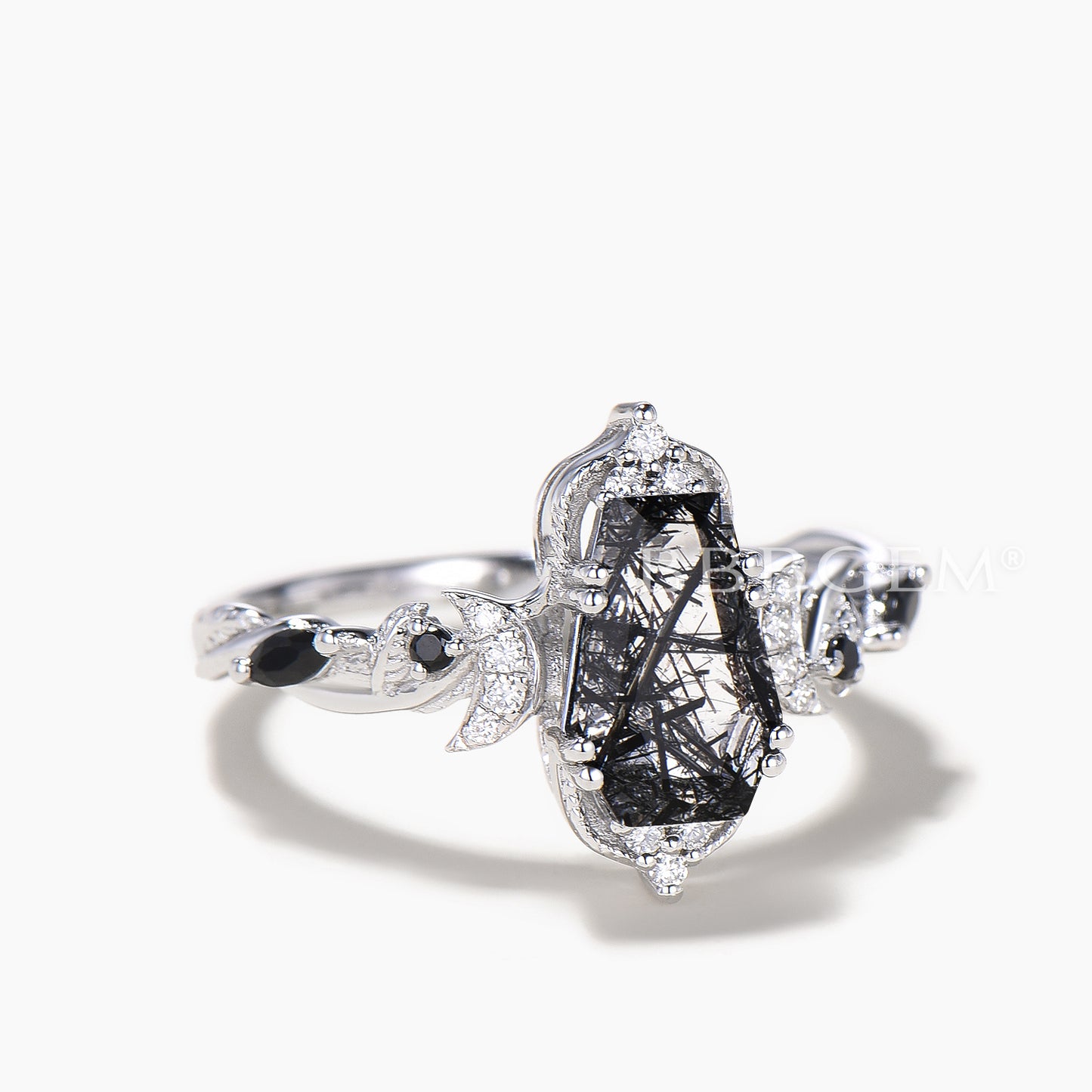 Coffin Cut Black Rutilated Quartz Wedding Ring Diamond Moon Spinel Art Deco Ring