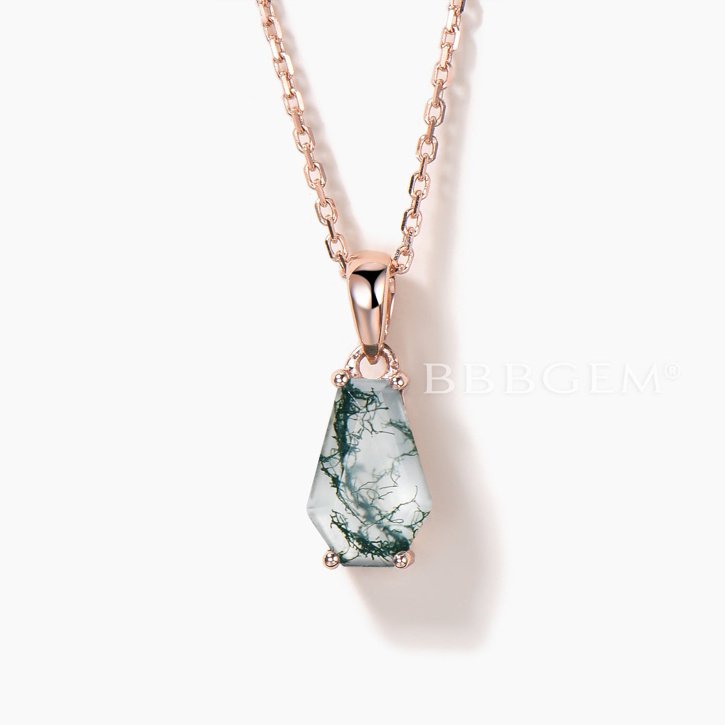 1CT Coffin Cut Natural Moss Agate Necklace Rose Gold Solitaire Pendant