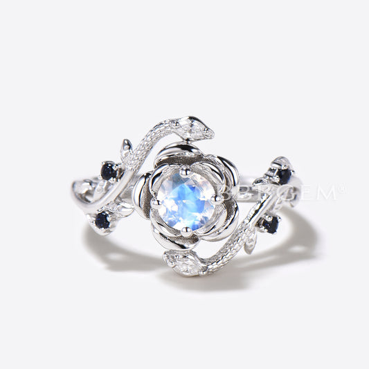 Floral Natural Moonstone Engagement Ring Double Snake Diamond Ring