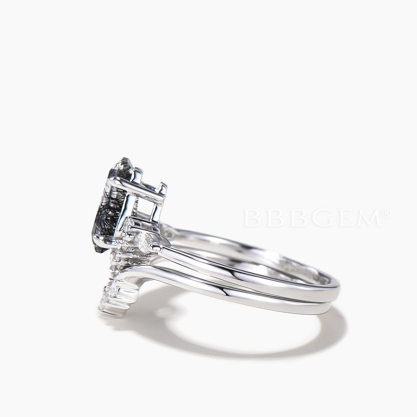 Coffin Natural Black Rutilated Quartz Wedding Ring Diamond Curved Band Ring Set