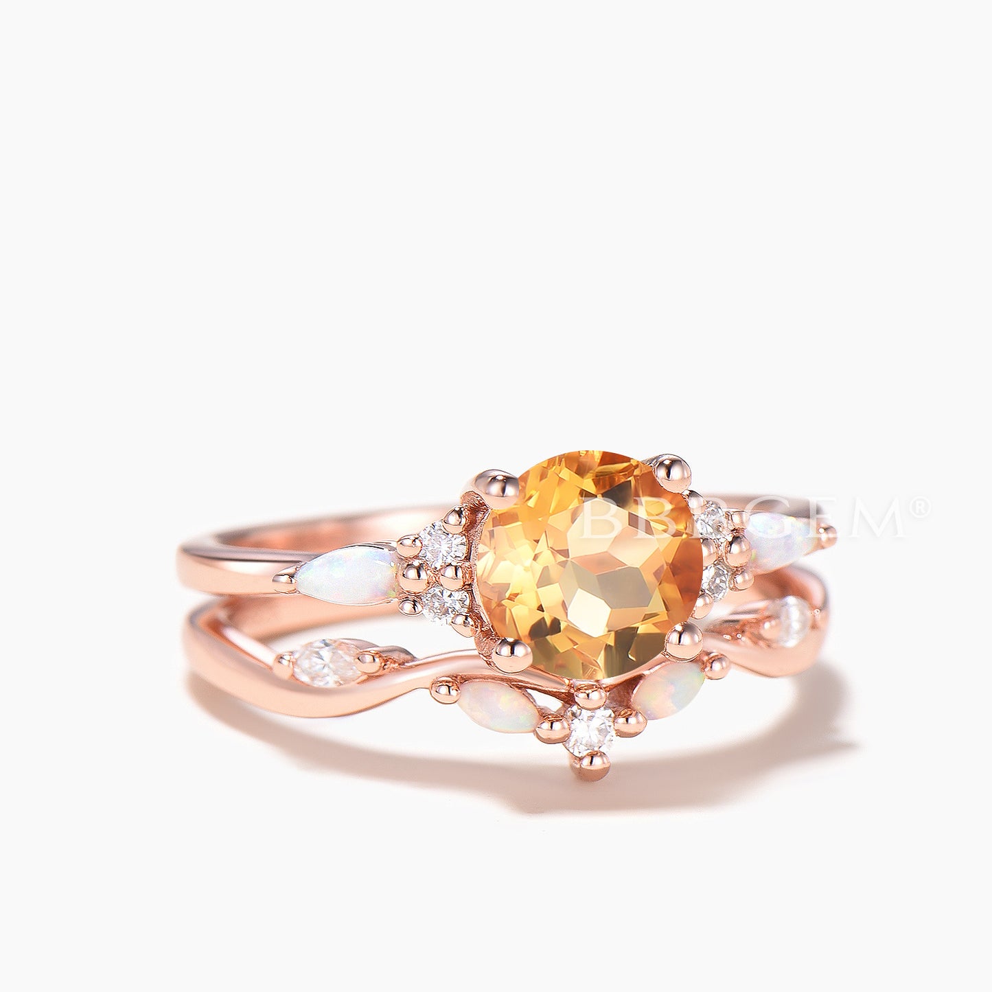 1.2CT Round Cut Natural Citrine Wedding Ring Set Opal Diamond Curved Band