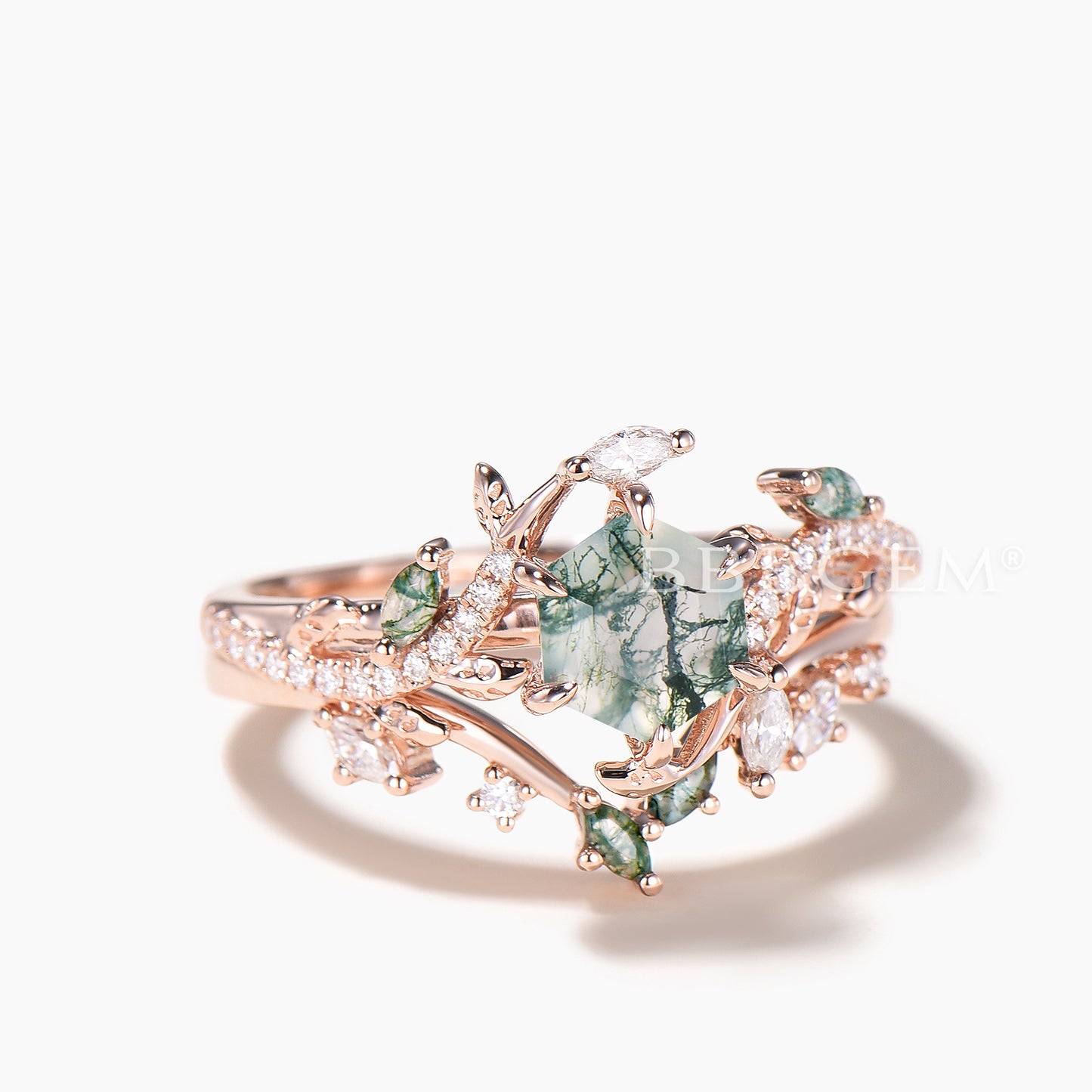 Hexagon Cut Moss Agate Wedding Ring Diamond Accent Nature Inspired Ring Set