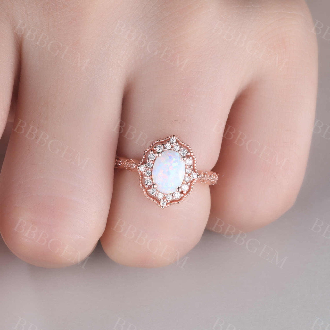 Opal Ring Vintage Opal Engagement Ring Rose Gold Art Deco Ring Women Diamond Eternity Band